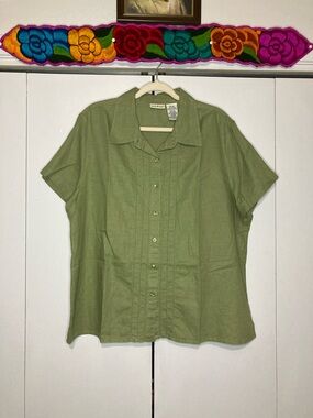 White Stag XL Linen Blend Olive Army Sage Green Short-Sleeve Button Front Shirt